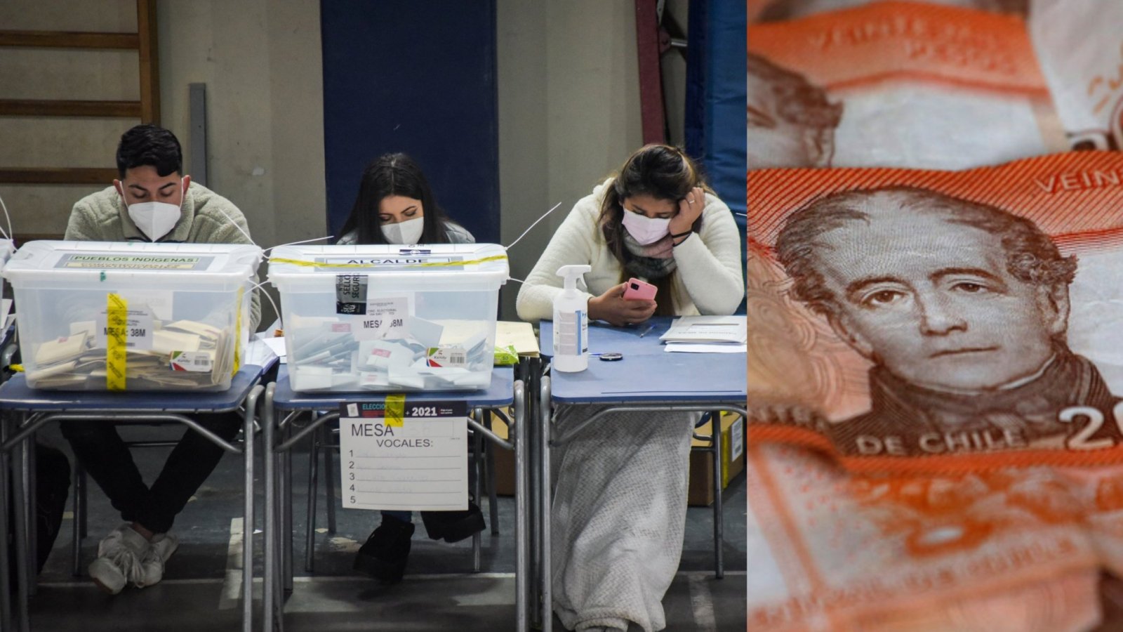 A la izquierda se muestra una foto con tres personas desempeñándose como vocales de mesa y, a la derecha, otra foto de billetes de 20 mil pesos.