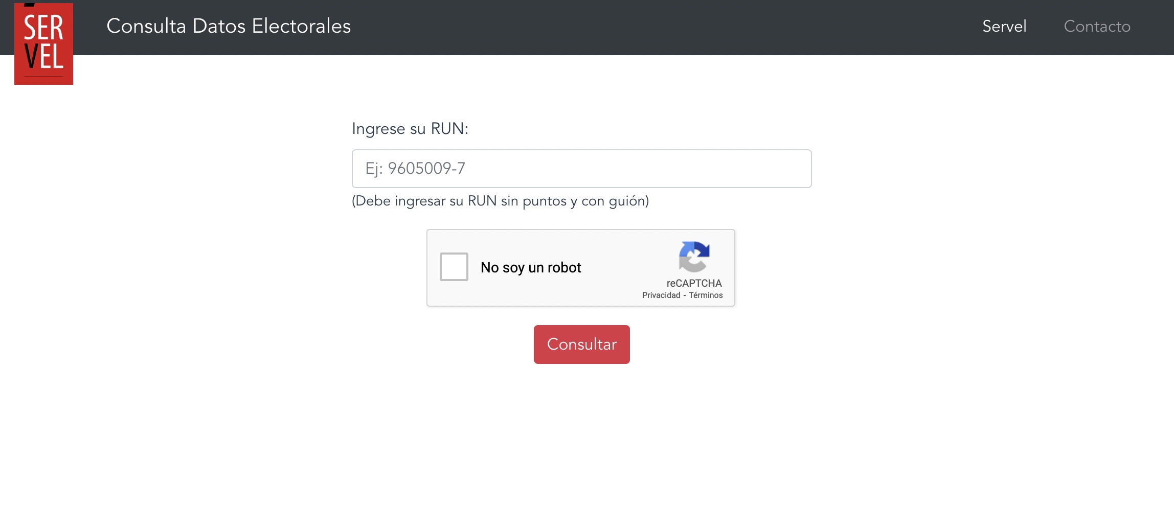 Captura de pantalla se la sección del Servel para consultar datos electorales con el RUT.
