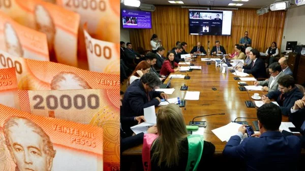 A la izquierda, una foto de billetes de 20 mil pesos. A la derecha, una foto de la comisión de Constitución de la Cámara de Diputadas y Diputados.