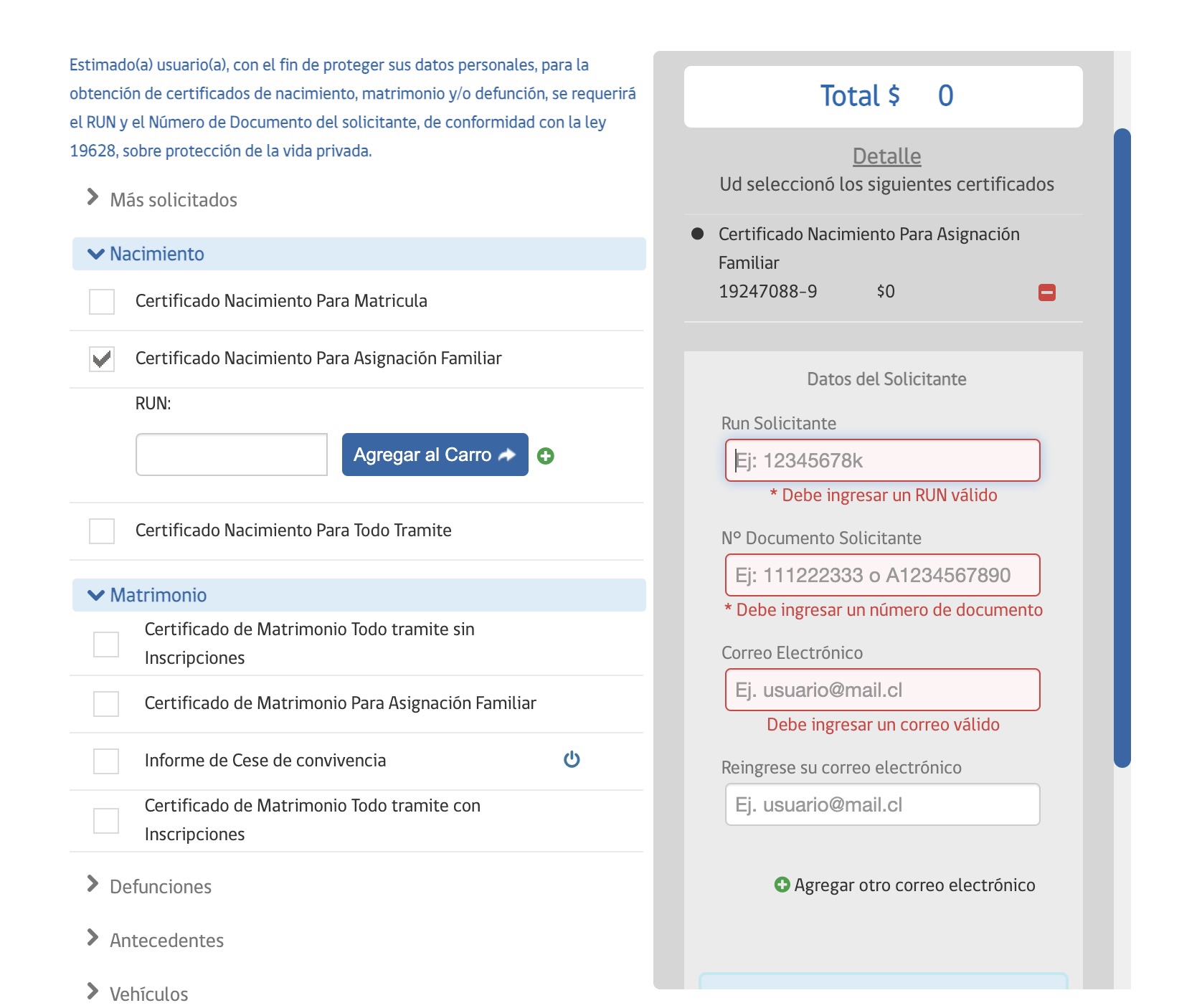 Captura de pantalla de la página web del Registro Civil, en la sección para solicitar certificados en línea.