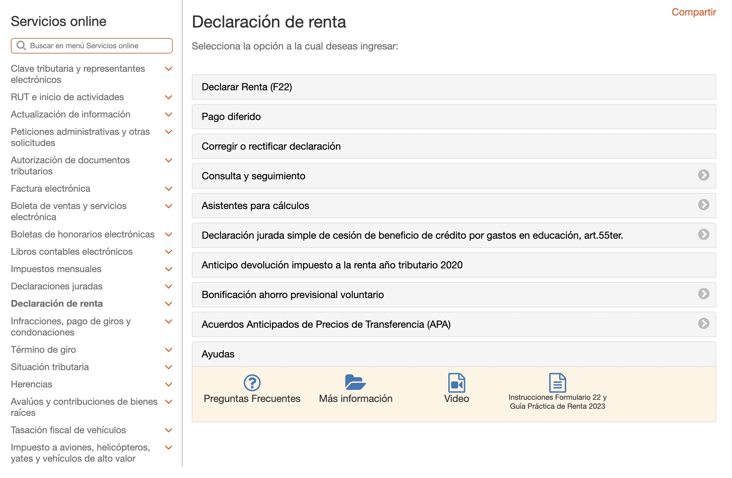 Captura de pantalla de la página web del SII, en la sección para rellenar el Formulario 22.