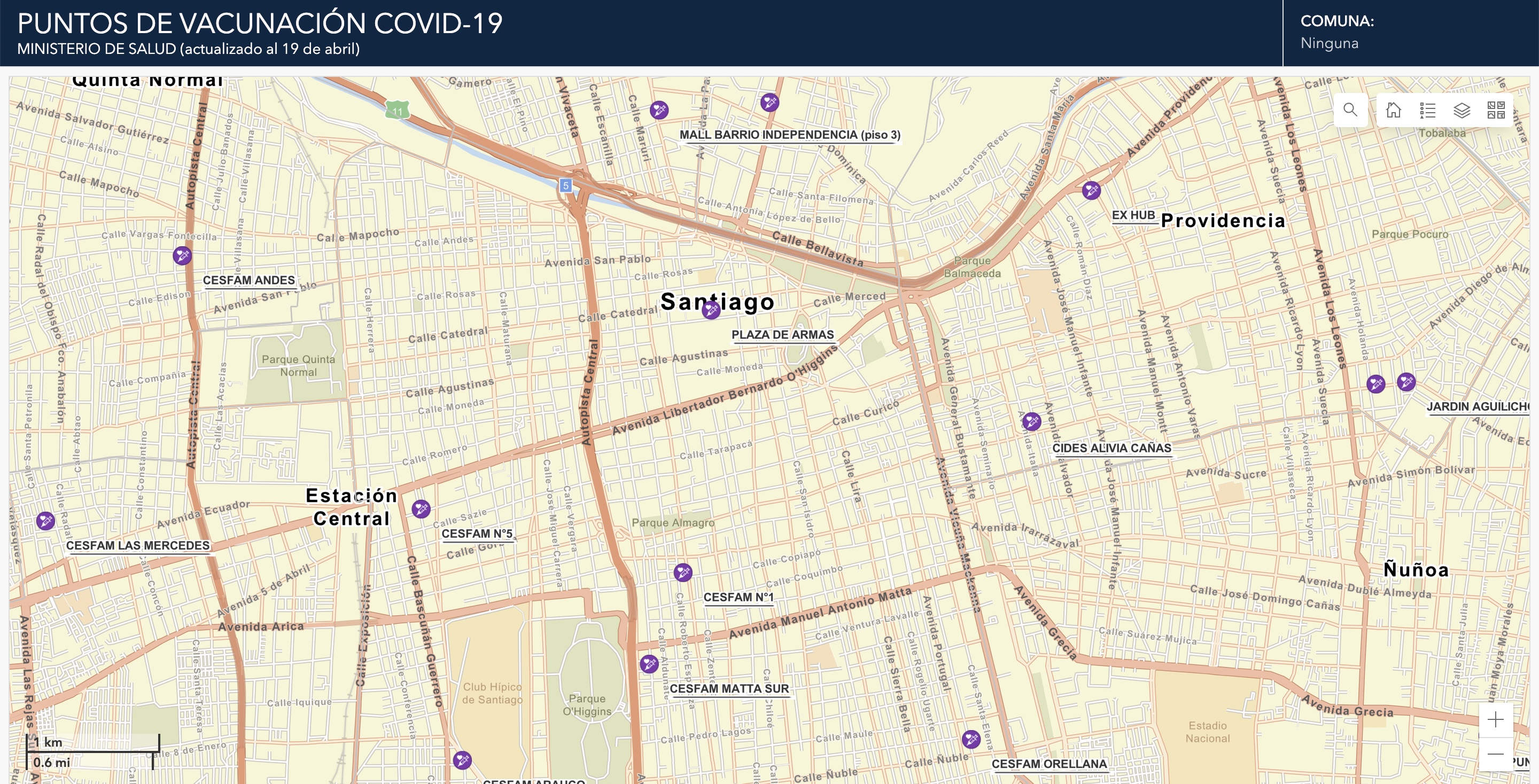 Sitio web del Minsal con un mapa, mostrando los puntos de vacunación de cada comuna.