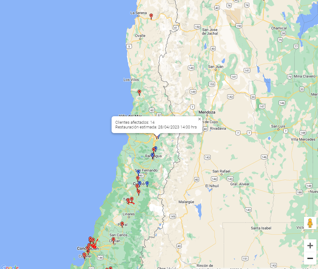 Mapa de CGE para horarios de reposición por corte de luz.