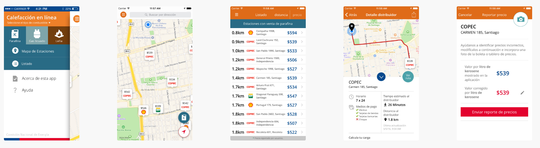 Captura de pantallas de las diferentes pestañas de la app Calefacción en línea