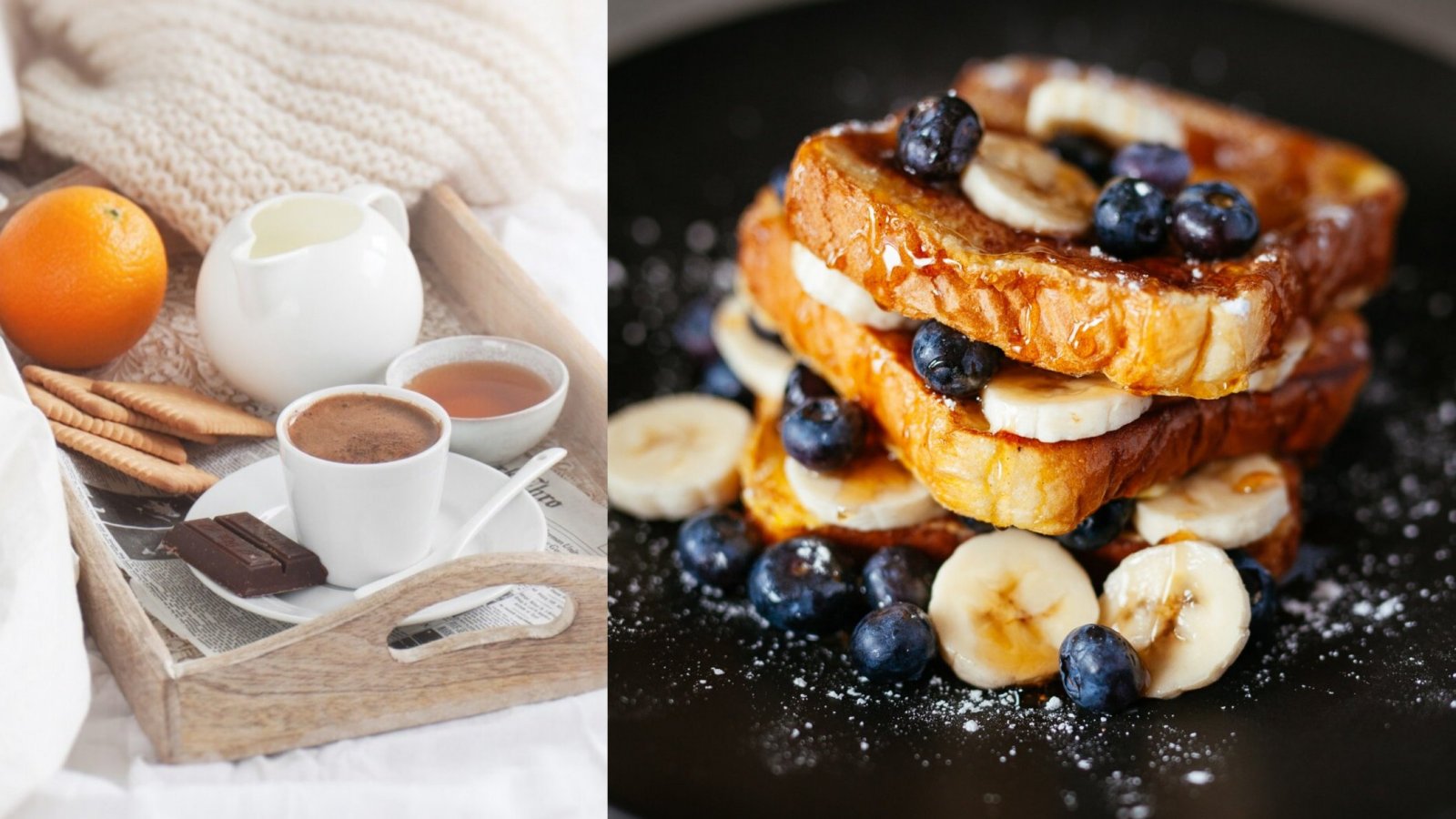 Desayuno en la cama y tostadas francesas con frutas.