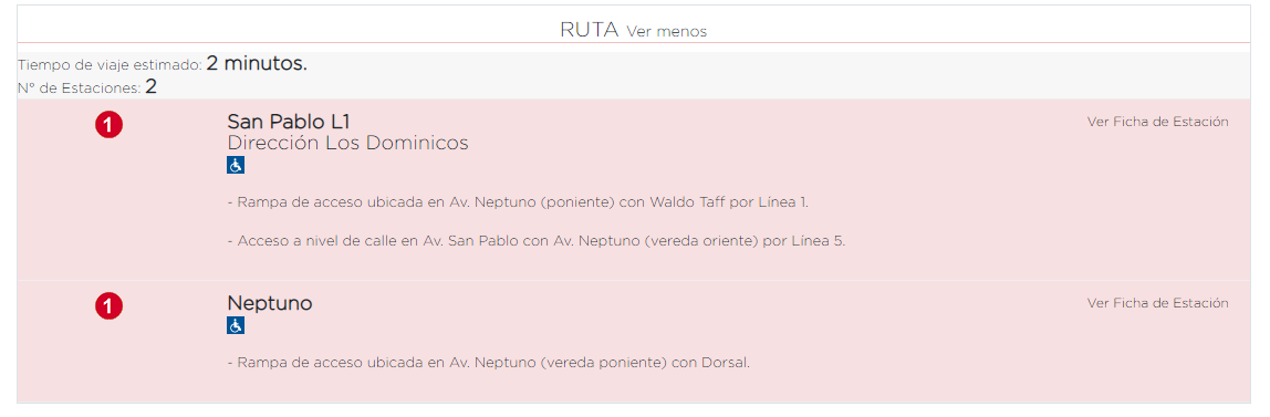 Captura de resultados de planificador de viaje en Metro de Santiago.