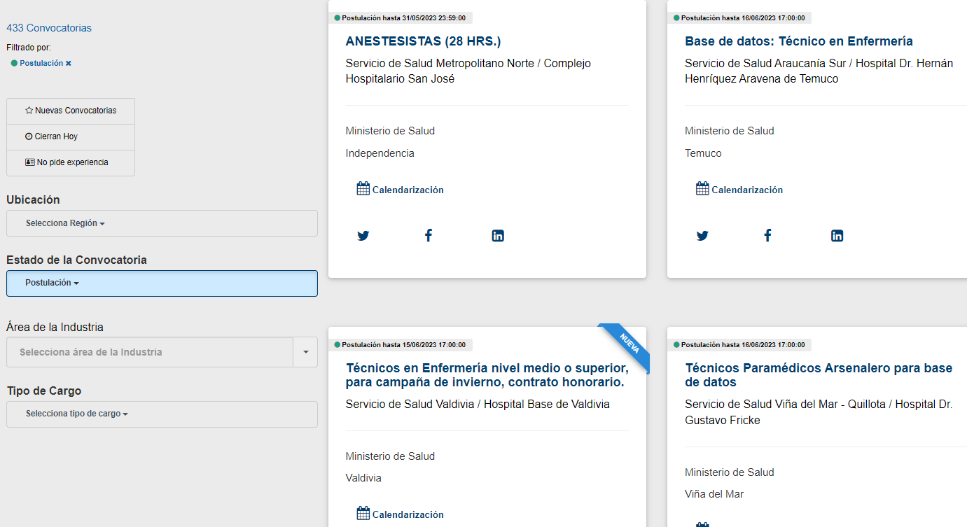 Captura de opciones de trabajo en Empleo Público.