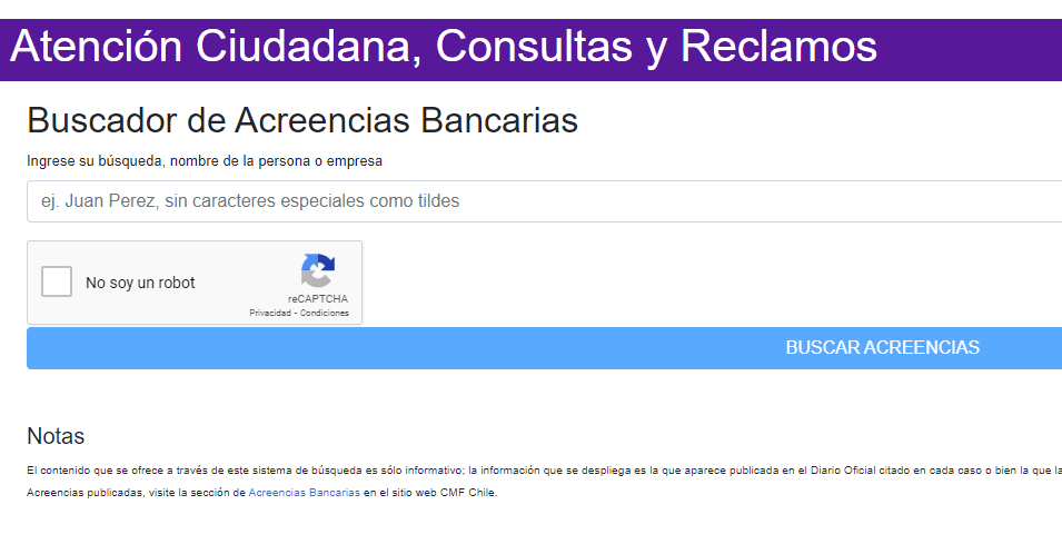 Captura del buscador de Acreencias Bancarias.