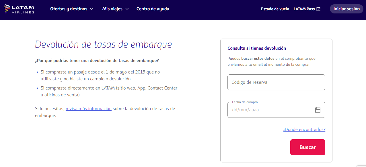 Página web de LATAM para devolución