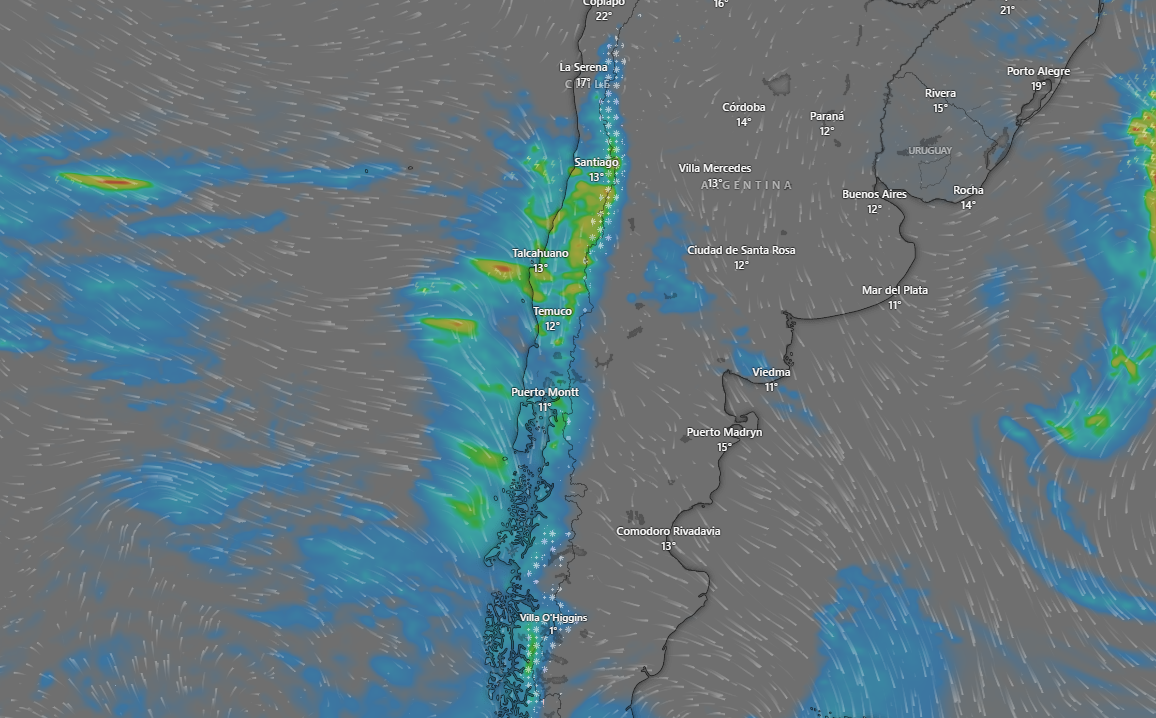 Captura de Windy mostrando la lluvia.