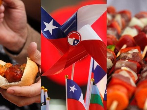 Imágenes de fiestas patrias: choripán, bandera chilena y anticuchos.