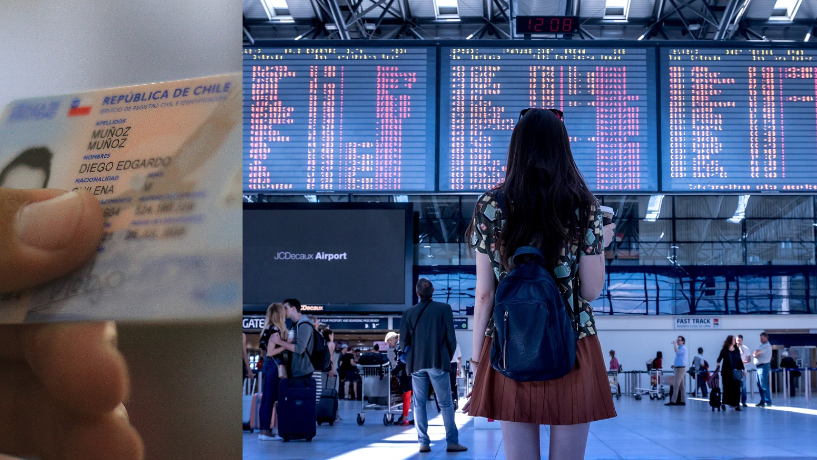 Cédula de identidad junto a una persona en un aeropuerto.