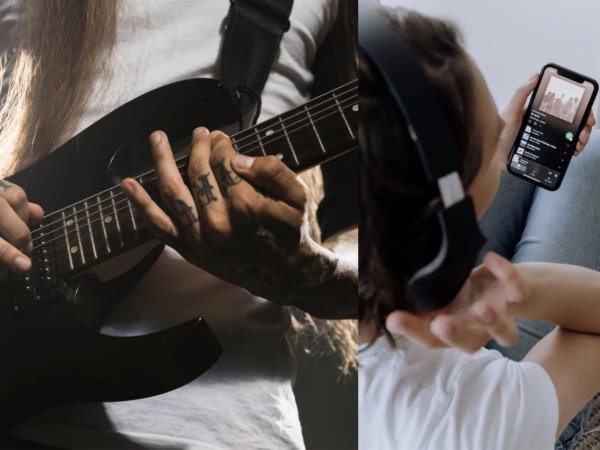 Persona tocando guitarra y otra escuchando Spotify.