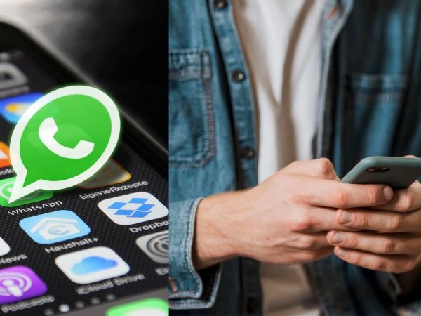 Logo WhatsApp y manos sujetando teléfono.