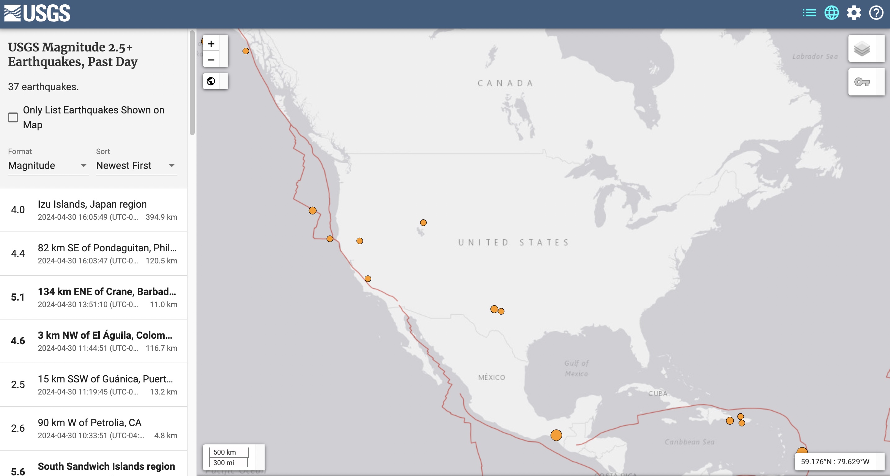 Página web de últimos sismos USGS