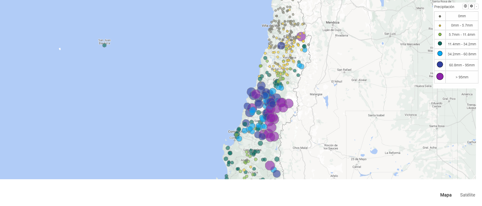 Mapa de lluvia y agua acumulada.