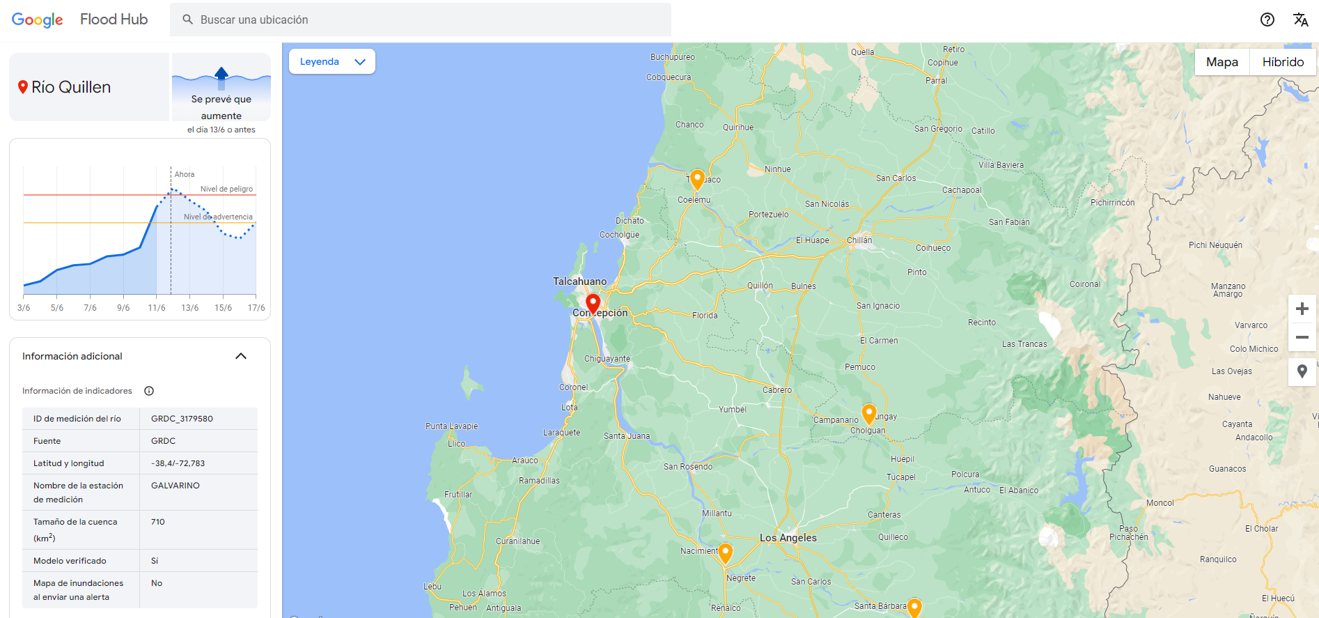 Ríos y niveles en Google Flood Hub