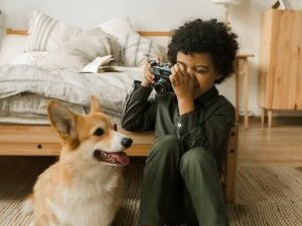 Frases para fotos. Niño tomando una foto de su perro.
