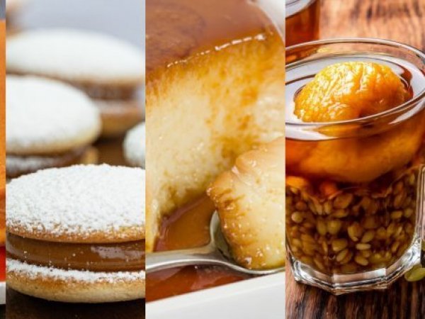 Postres. 18 de septiembre. Mote con huesillo. Empolvados. Leche asada. Sémola con leche.