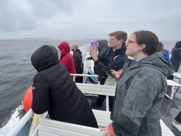A group of people take part in a boat tour around the Celtic Sea, organized to introduce a project that uses AI to protect cetaceans along the coasts of Ireland