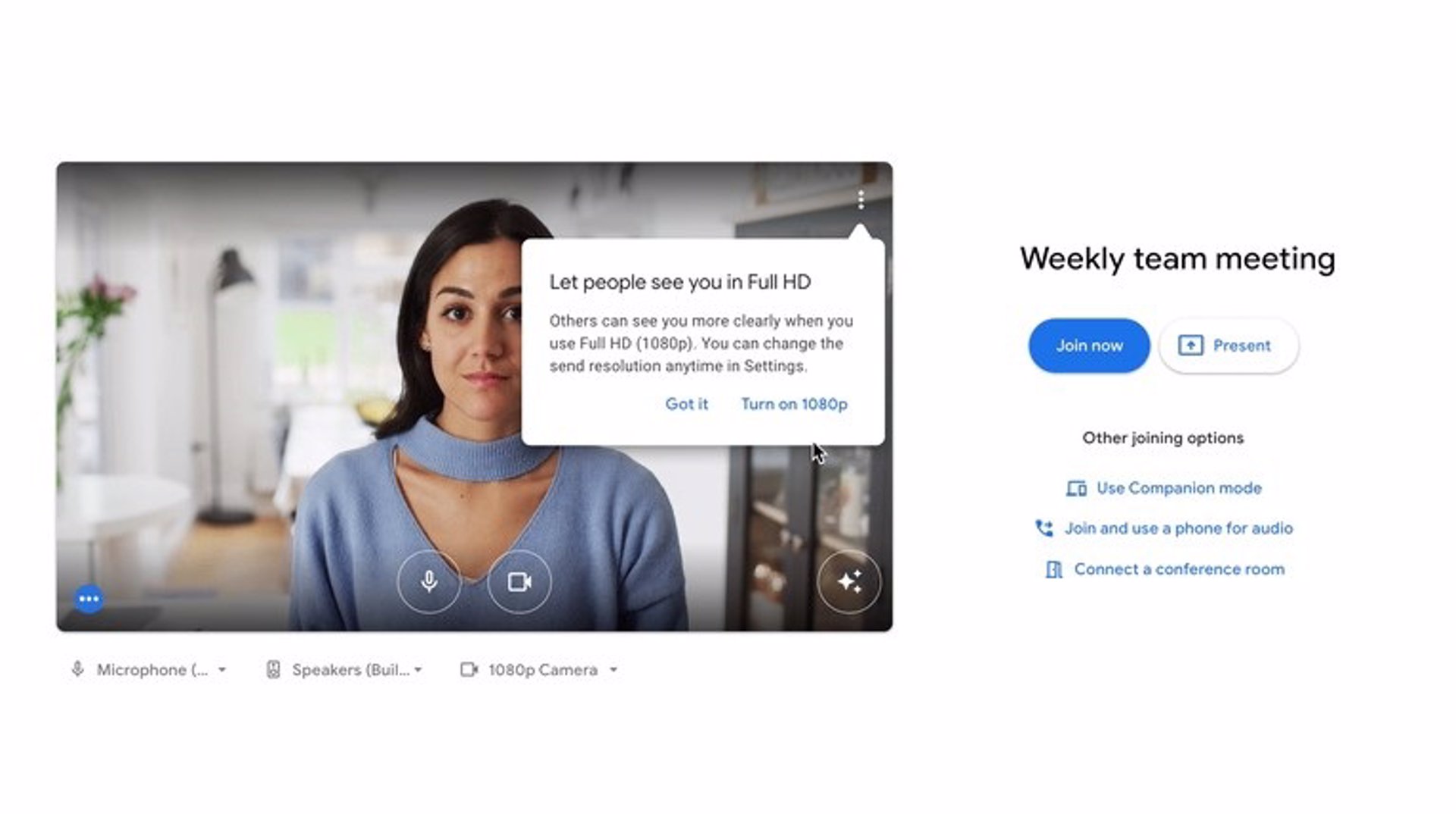 Google Meet, videollamda en 1080p