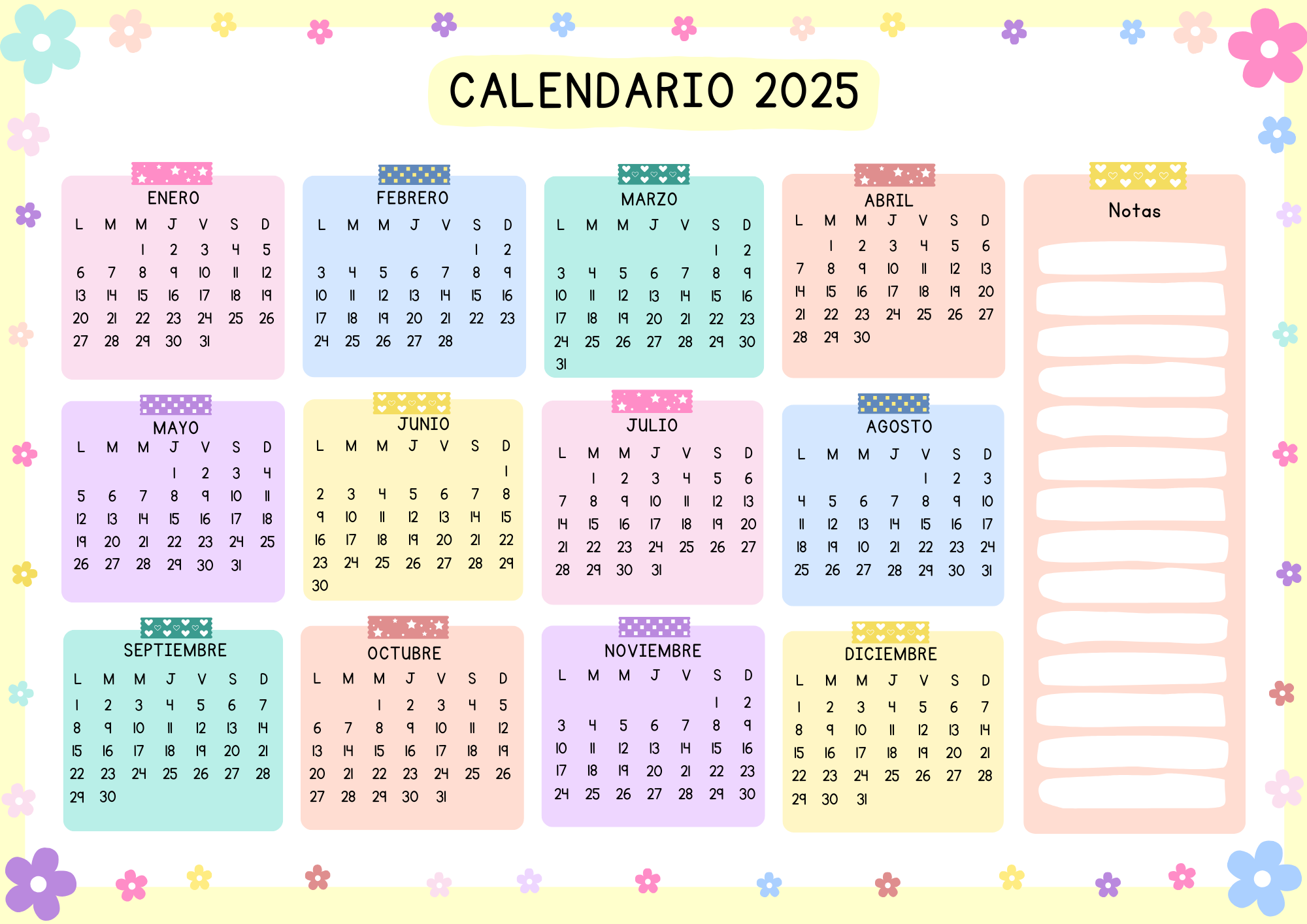 Calendario 2025 verde con flores