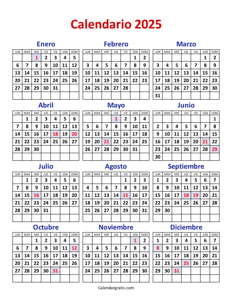 Calendario 2025 con feriados simple (vertical)