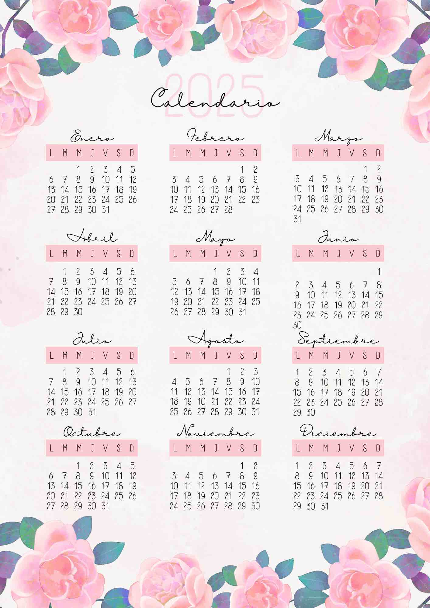 Calendario 2025 con flores rosadas