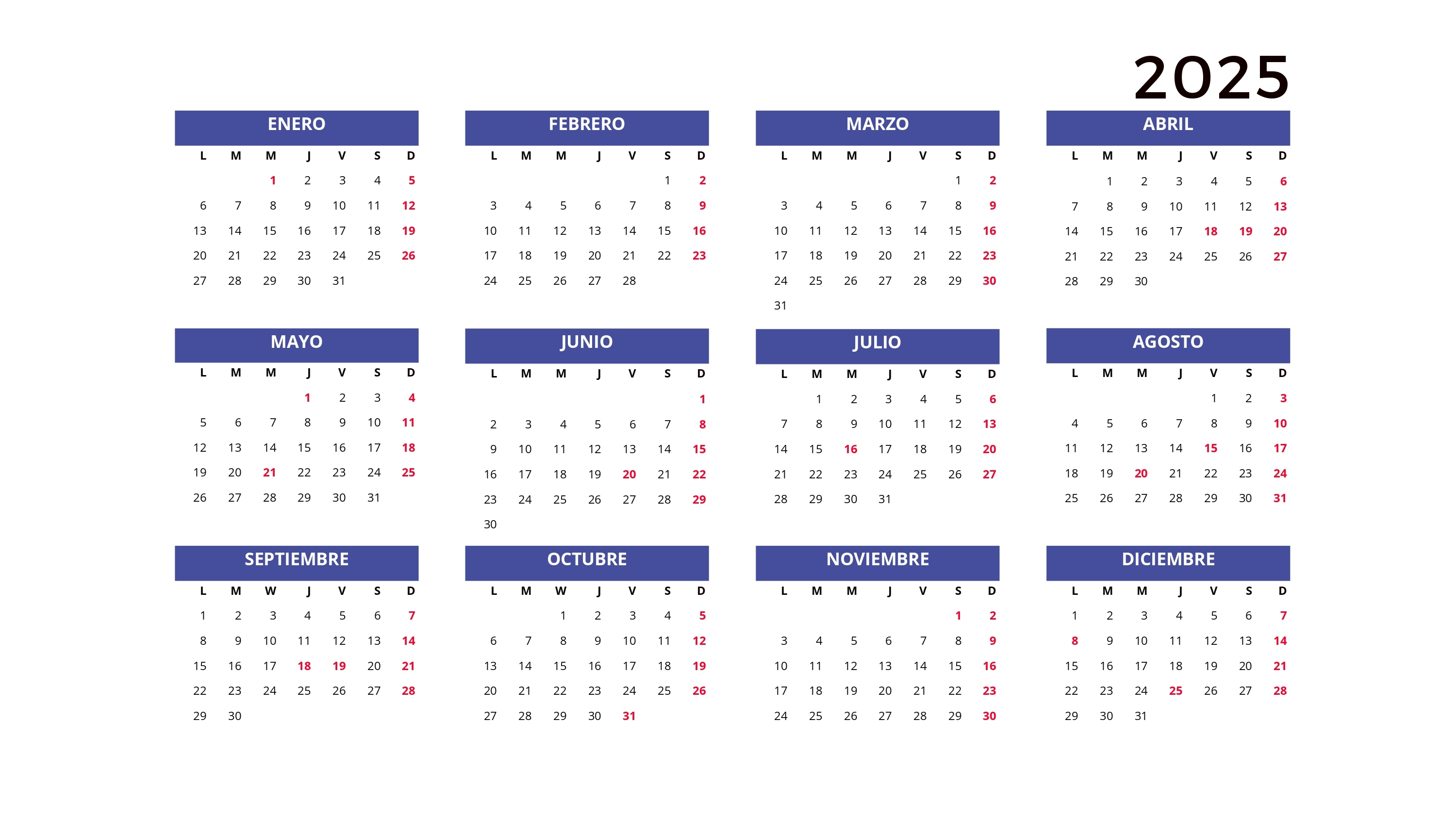 Calendario 2025 con feriados simple