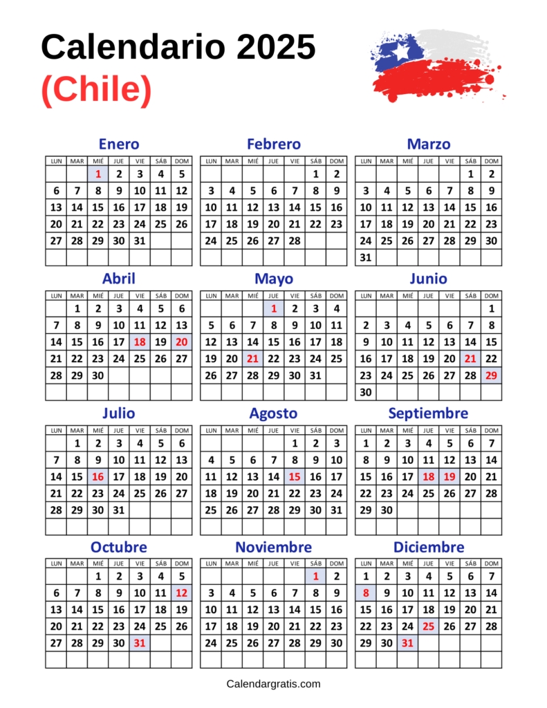 Calendario 2025 con feriados simple y con bandera