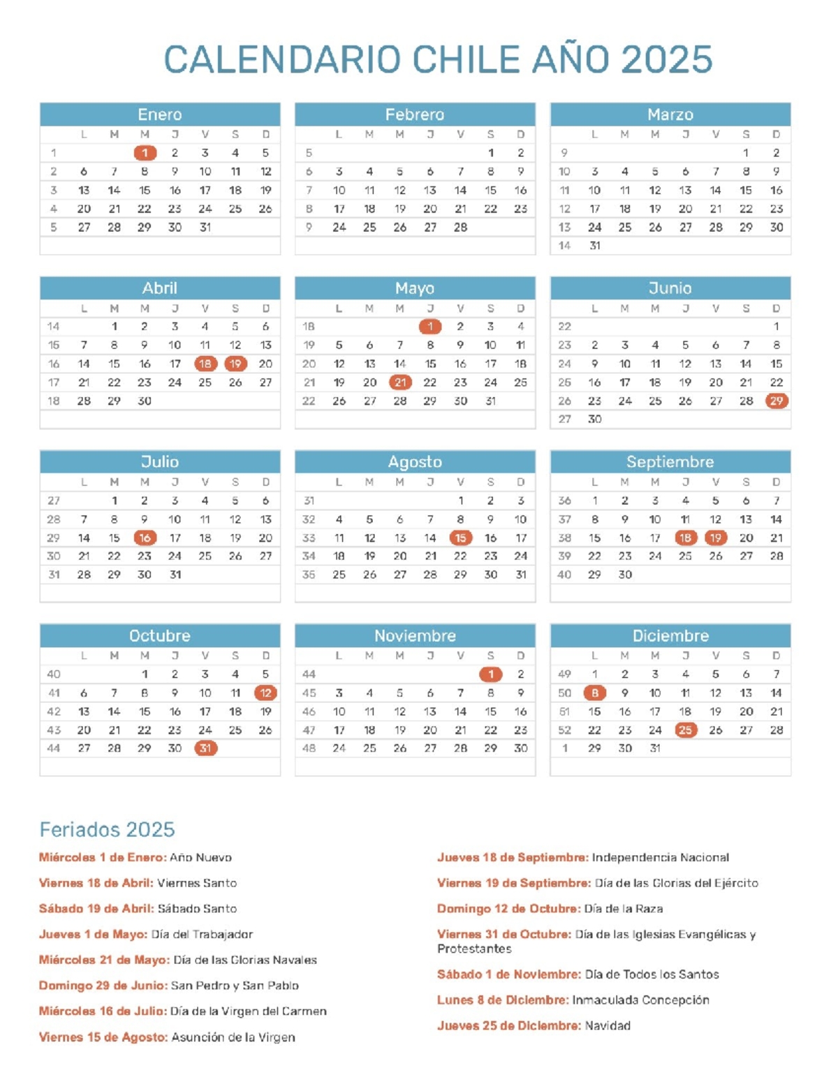 Calendario 2025 con feriados con celeste