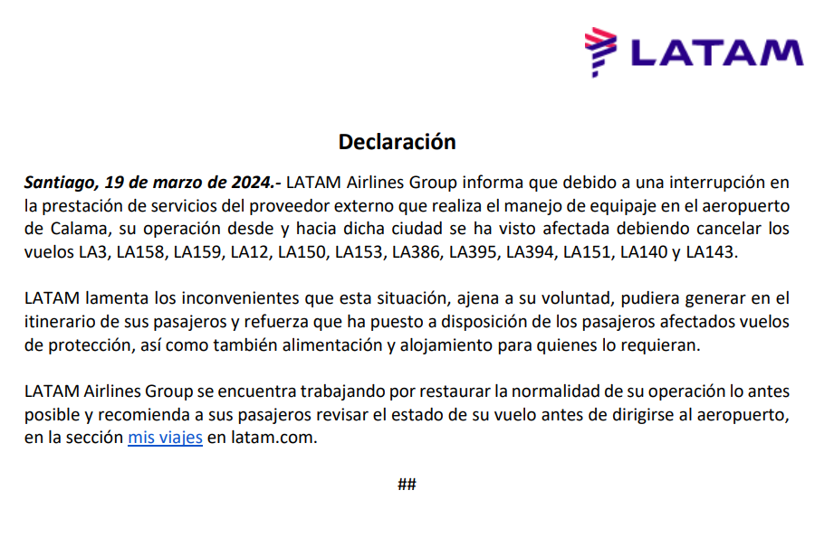 Declaración LATAM por vuelos cancelados en Calama.