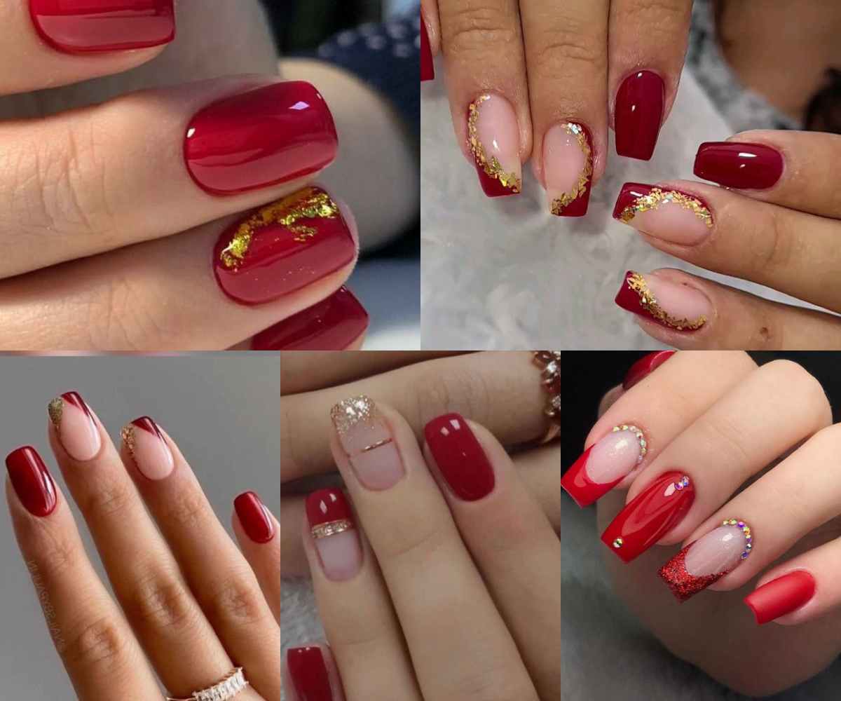 Uñas rojas con dorado 2