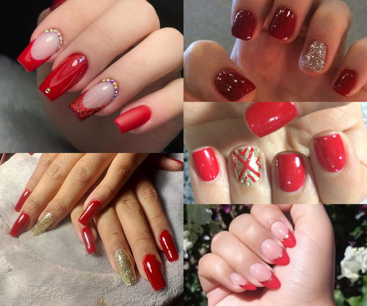 Uñas rojas con dorado 3