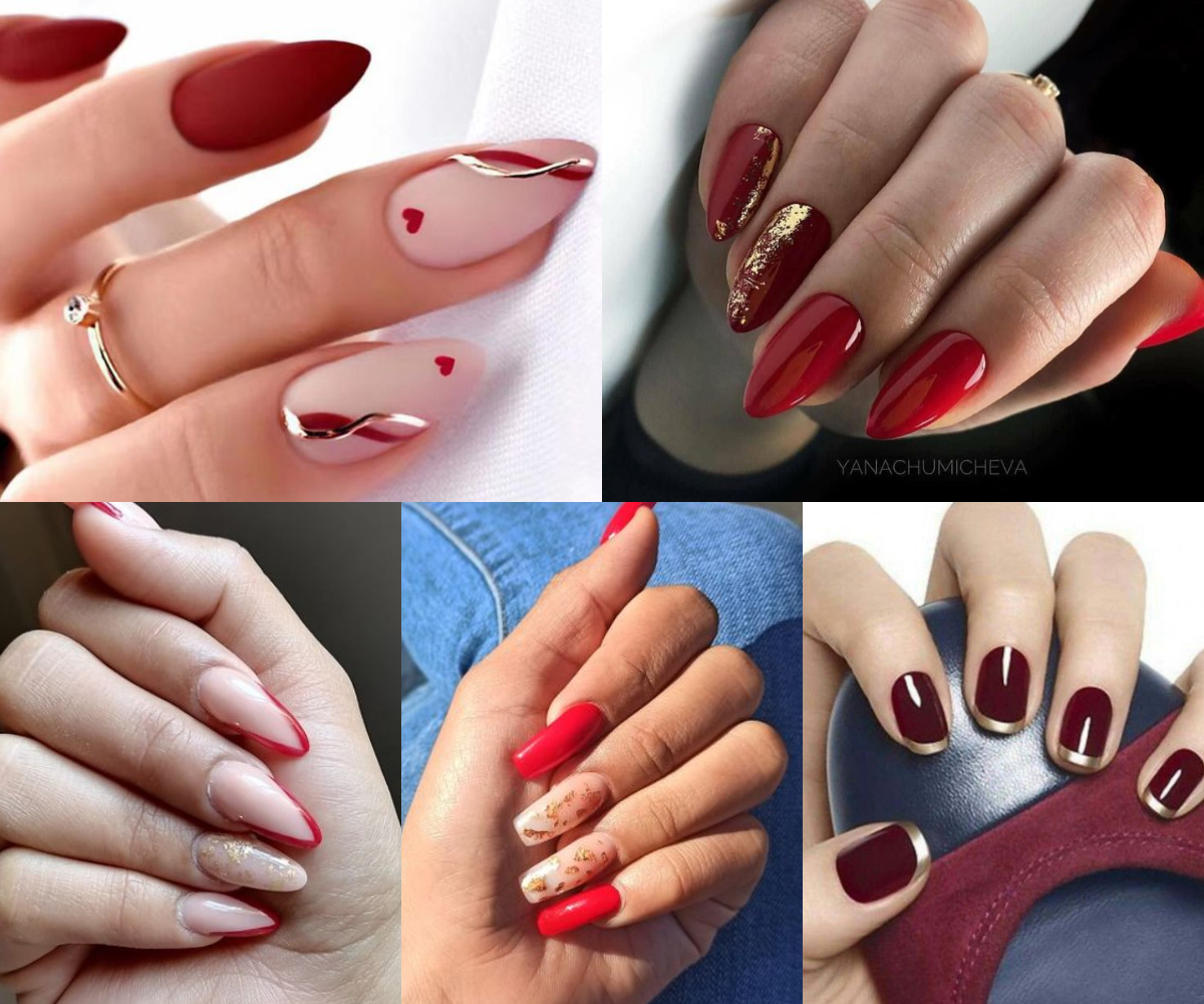 Uñas rojas con dorado 4