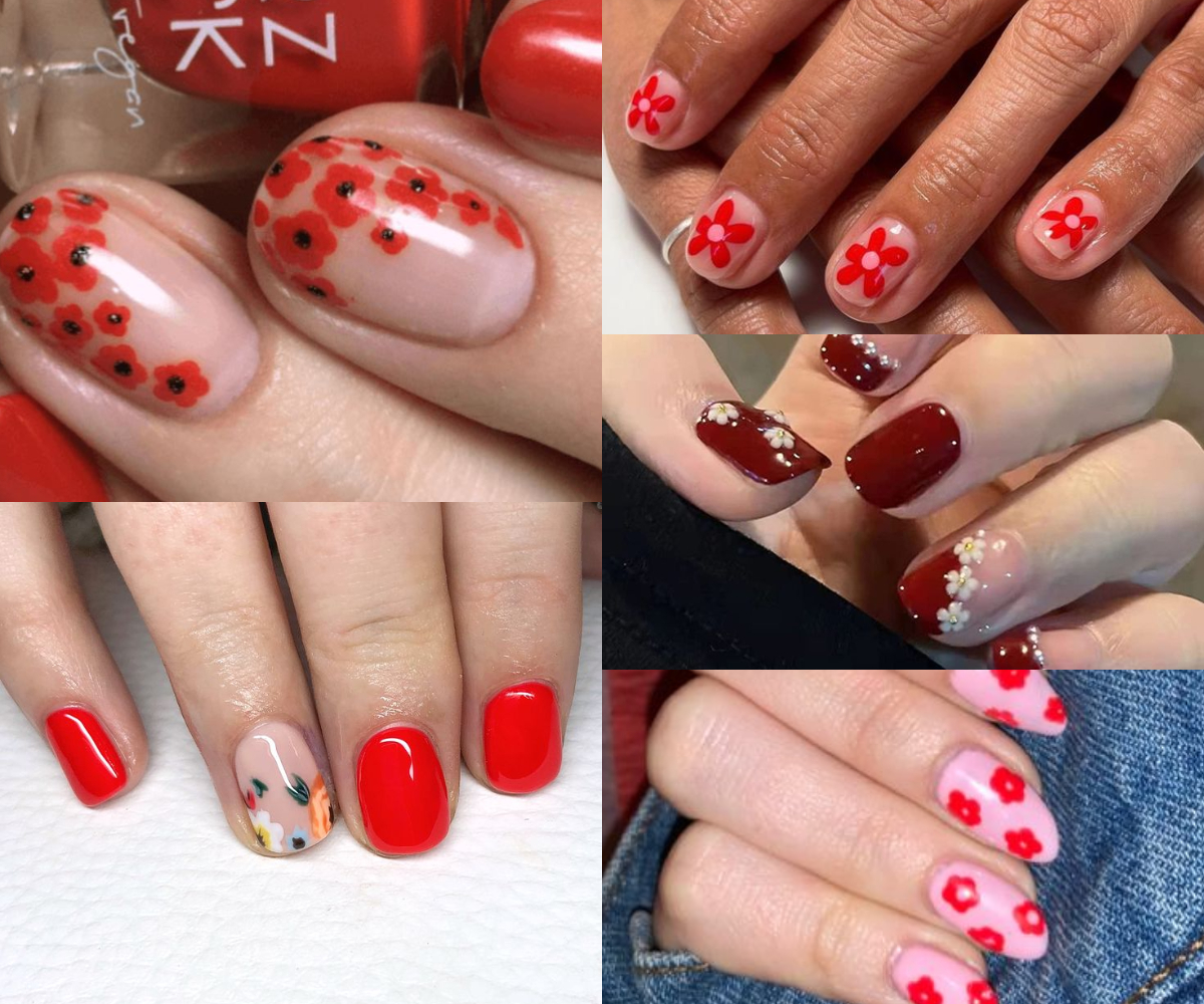 Uñas rojas con flores 1