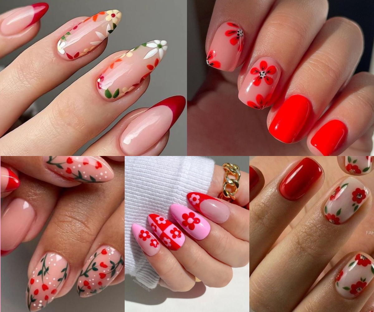 Uñas rojas con flores 2