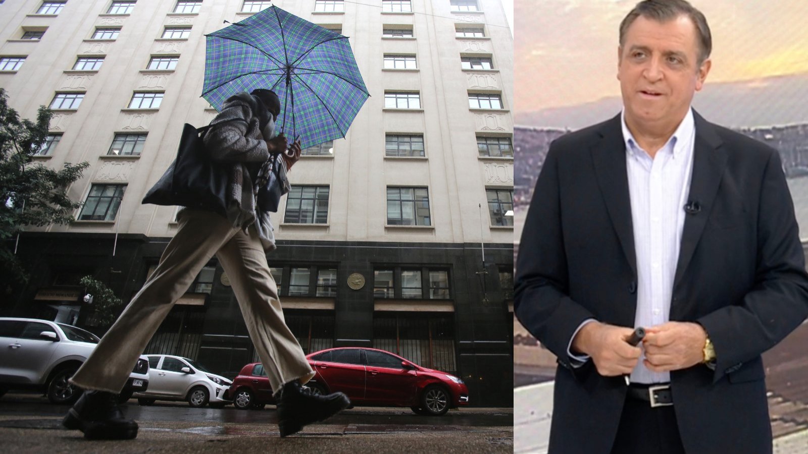 Iván Torres y lluvia en Santiago. Personas bajo la lluvia.