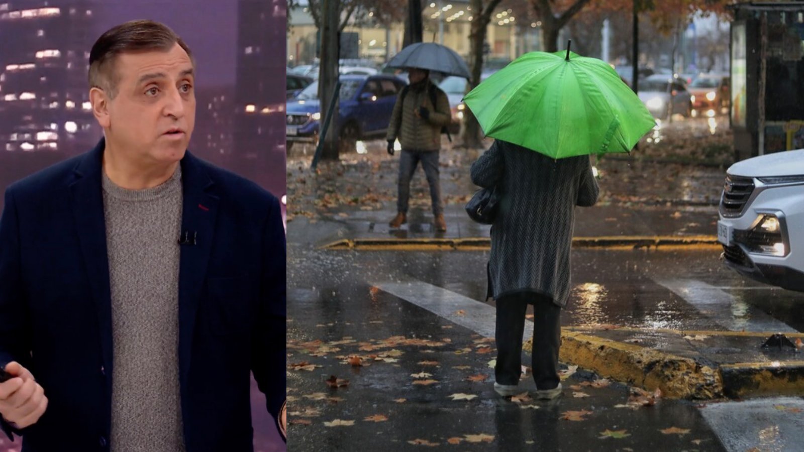 Iván Torres y lluvia en Santiago. Personas bajo la lluvia.