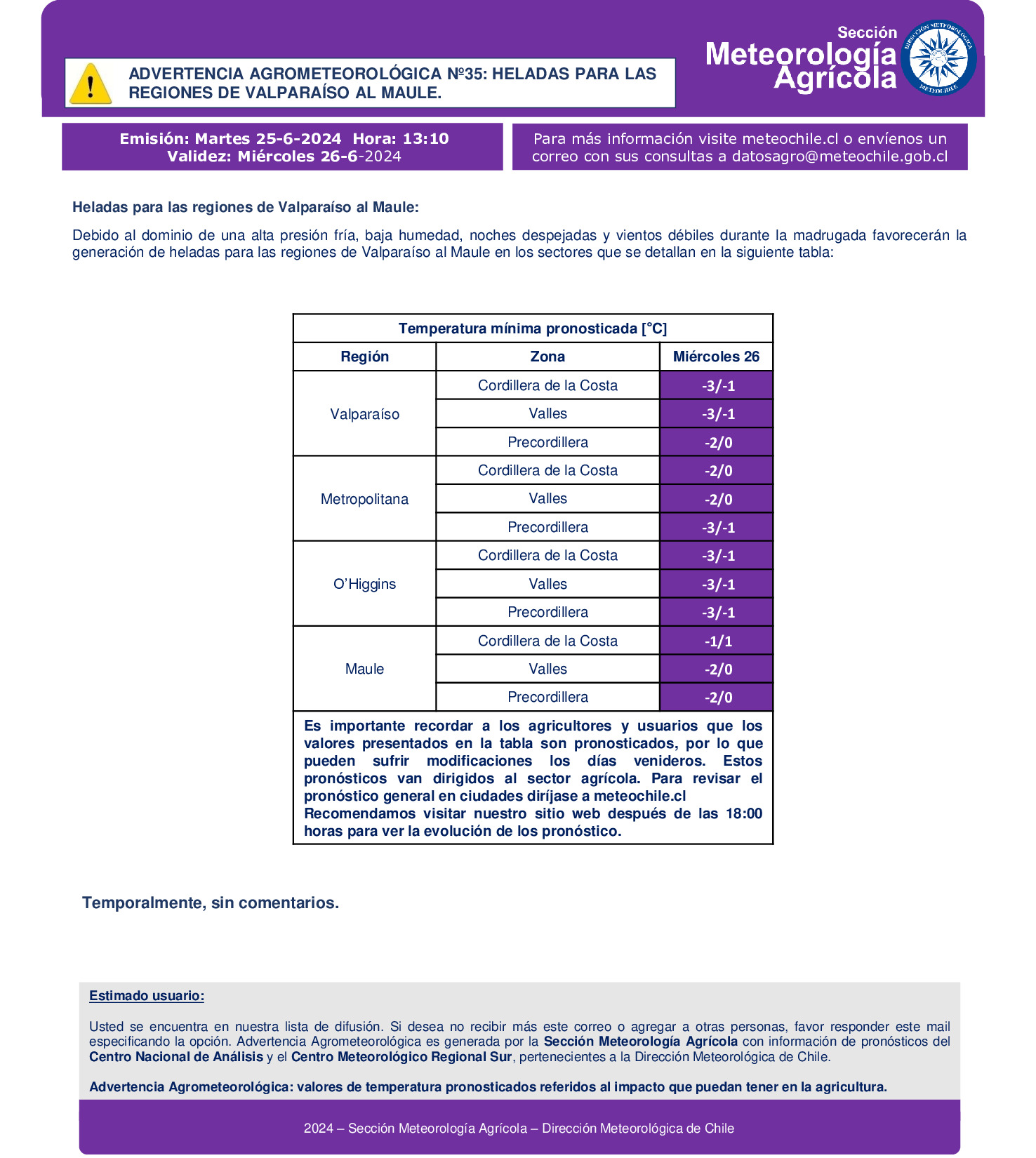 Advertencia agrometeorológica de la DMC por heladas