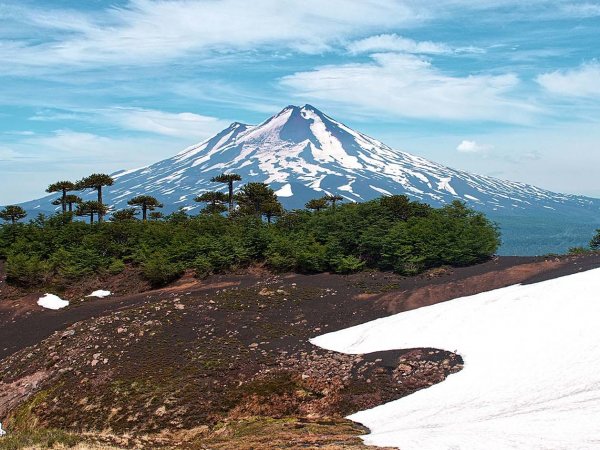 Volcán Llaima en su etapa silente post-terremoto, con el paisaje circundante en calma. Chile, 2024.