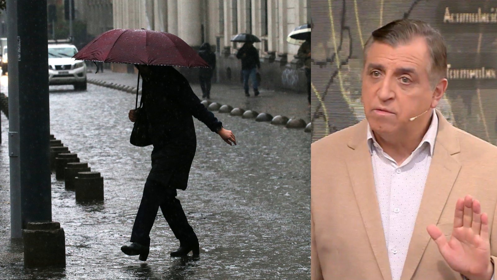 Iván Torres y persona bajo la lluvia con paraguas.