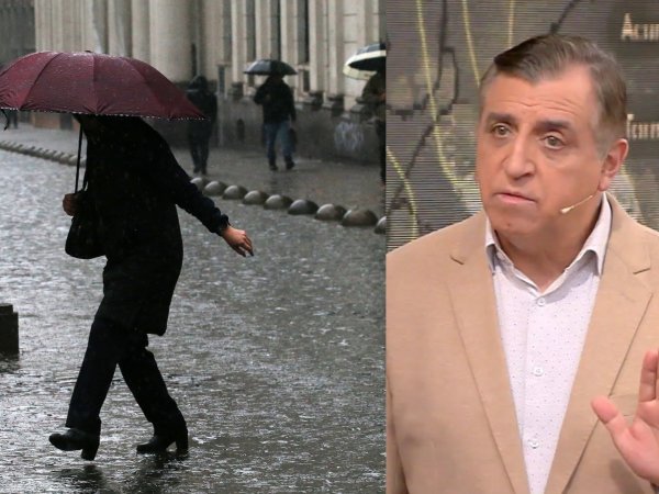Iván Torres y persona bajo la lluvia con paraguas.