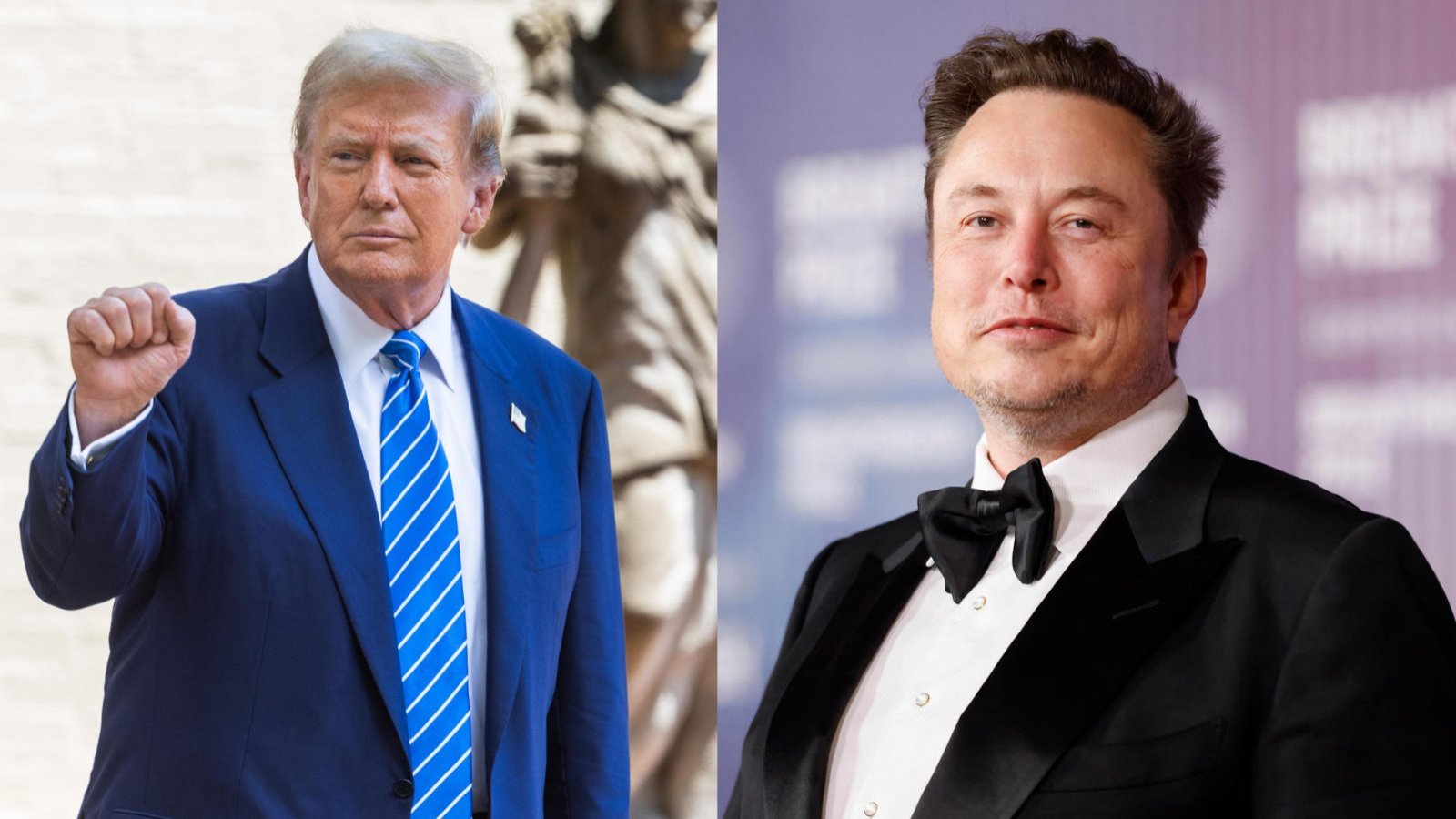 Donald Trump(izquierda), quién fue declarado culpable de 34 cargos distintos por una corte en Nueva York previo al comienzo de la carrera presidencial y Elon Musk(izquierda), quien pago 44 mil millones de pesos por adueñarse de la red social Twitter