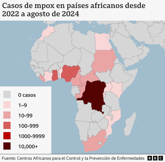 Mapa de África que muestra los países con más casos de mpox