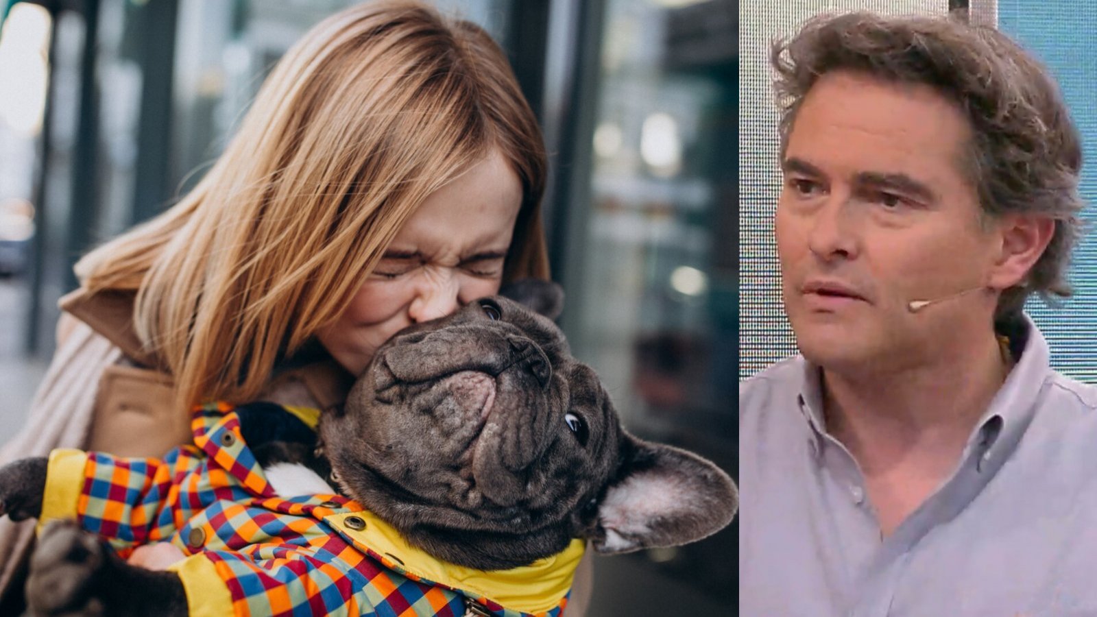 Sebastián Jiménez y mujer besando a perro