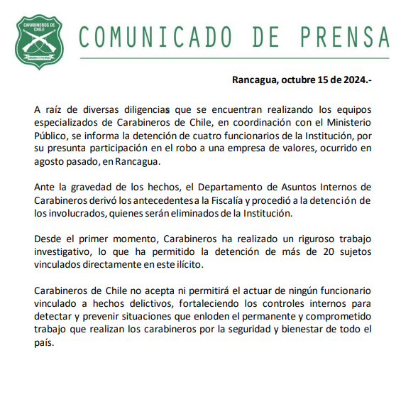 Comunicado Carabineros