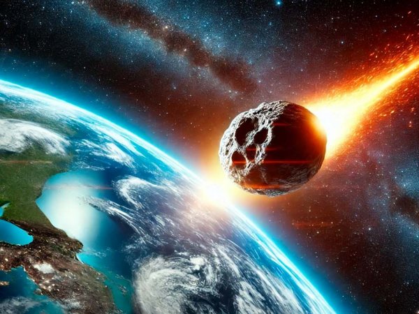 Representación artística del impacto del meteorito S2 en la Tierra, provocando tsunamis y alteraciones climáticas.