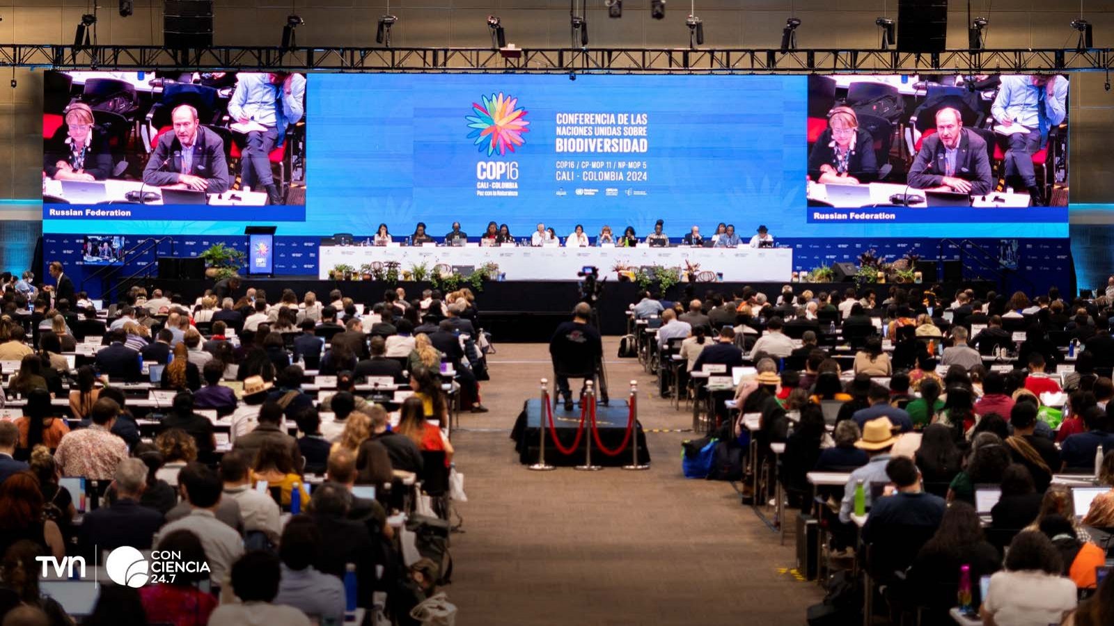 Delegados de la COP16 discutiendo acuerdos sobre biodiversidad y conservación oceánica en Cali, Colombia.