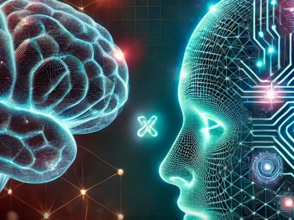 Representación de un cerebro humano y una red de inteligencia artificial, destacando el estudio sobre diferencias en el aprendizaje.